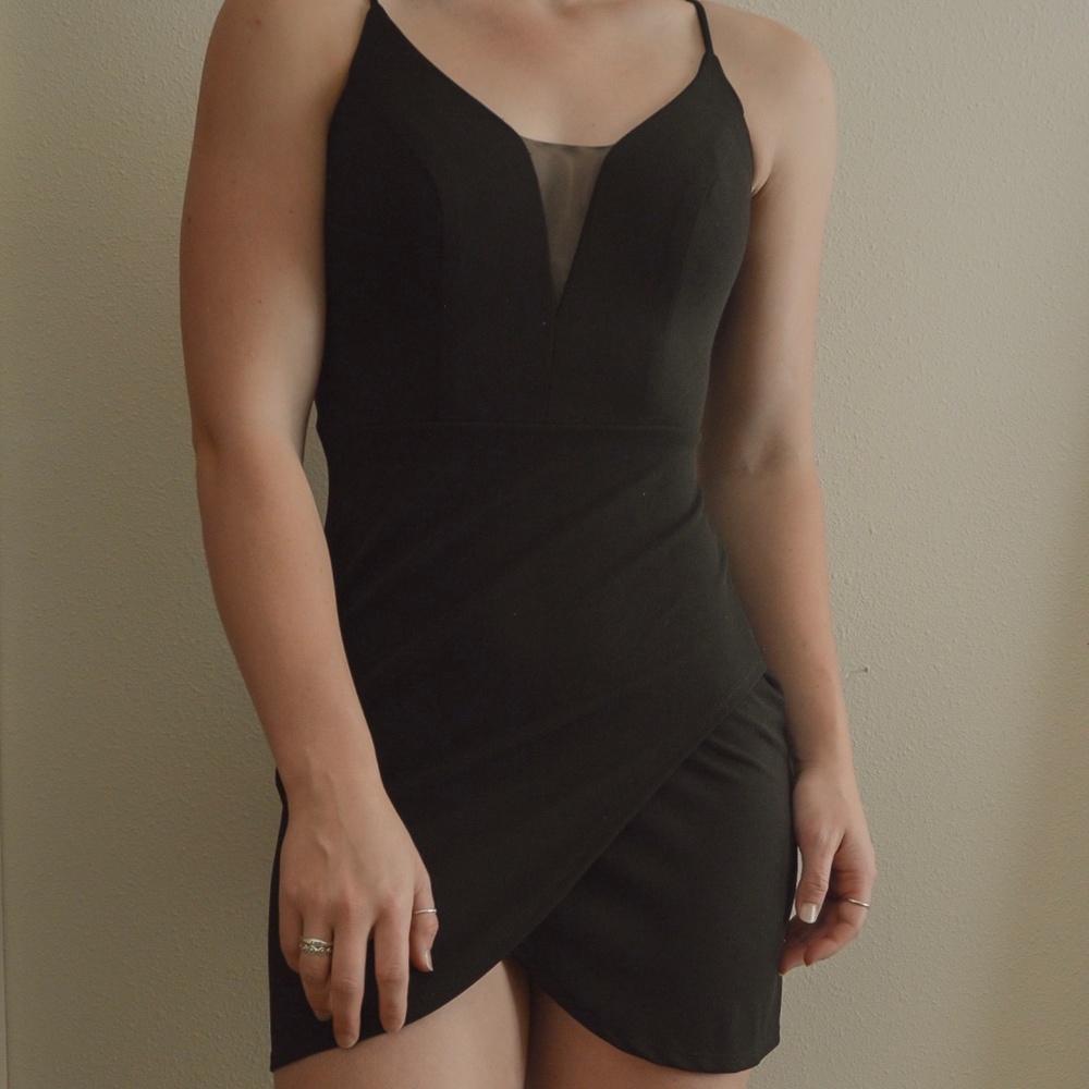 Black Wrap Mesh V-Neck Cocktail Dress